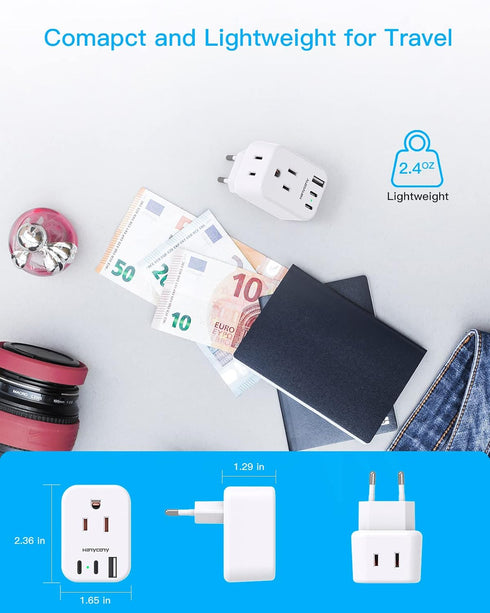 European Travel Plug Adapter, 2 Pack Type C Adapter with 2 Outlets & 2 USB C Ports for US to Europe Travel