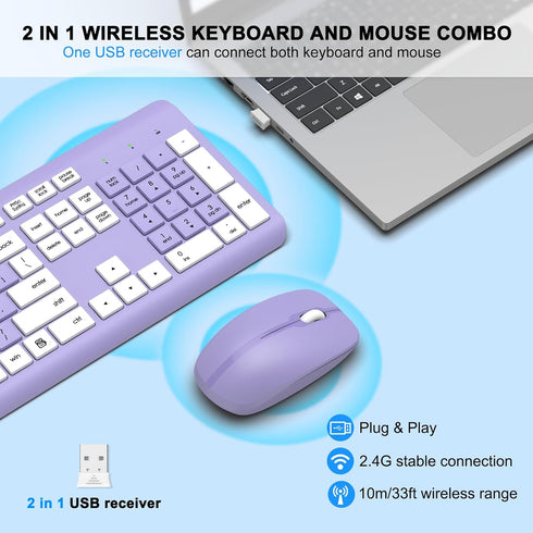 EDJO 2.4G Wireless Keyboard and Mouse Combo, Full-Size Silent Ergonomic Keyboard and Optical Mouse, Long Battery Life