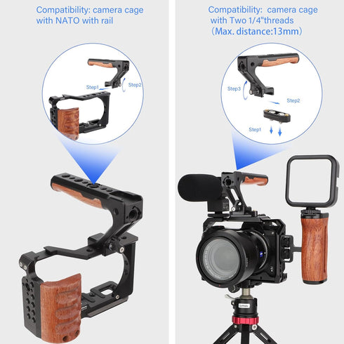 LEFTFOTO Top Handle Quick Release Handgrip with NATO Rail Kit, Wood & Metal Grip for Camera Cage Video Rig