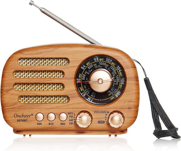 Portable Vintage Decor Radio, Retro Bluetooth Speaker with FM/AM/SW, Rechargeable Battery Powered
