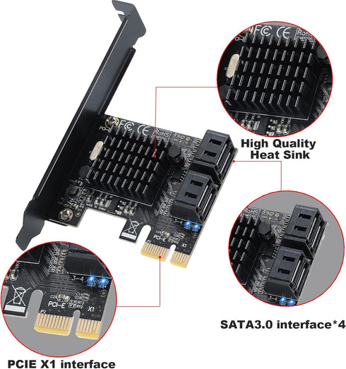PCI-E X1 to SATA 3.0 Controller Card, 4-Port SATA III 6Gbps Expansion Cards, Supports PCI-Express (1X 4X 8X 16X) Slot,
