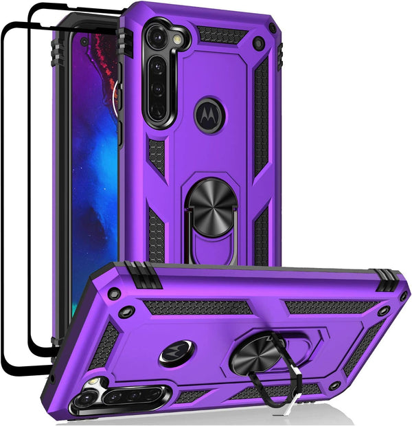 Androgate Purple Moto G Stylus/Pro Case with Tempered Glass Protectors, Ring Kickstand Car Mount, Shockproof Cover