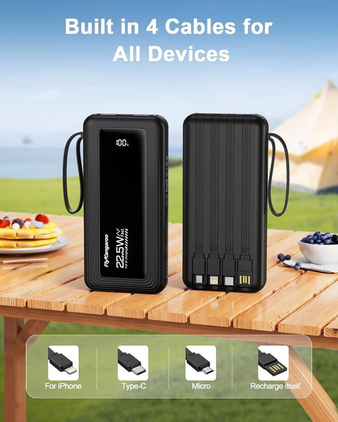 FlyKangaroo 10000mAh 22.5W Pack 6 2 Portable Charger with Built in Cables, Slim Fast Charging Power Bank USB C LED