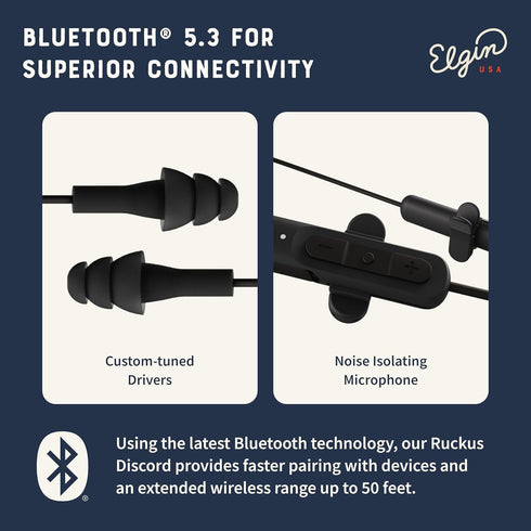 Elgin Ruckus Wireless Bluetooth Earplug Headphones, 25 dB Noise Reduction, 12 Hour Battery, IP65 Sweatproof, OSHA