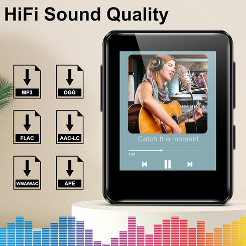 woolynew MP3 32GB 1.8 inch 512GB, Music Player with Bluetooth, Portable Mini Music Player with Screen, Speakers, FM