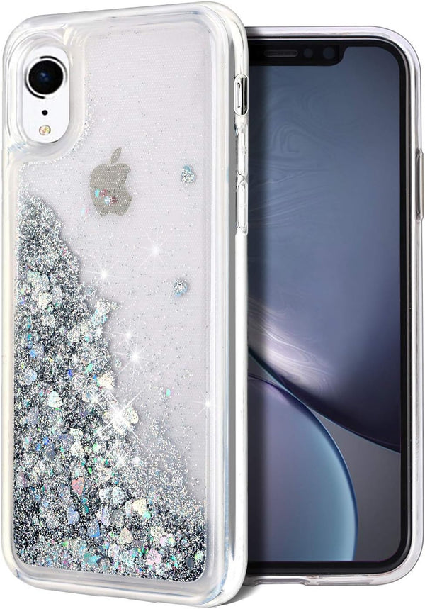 iPhone XR Case, Silver Bling Flowing Liquid Floating Sparkle Colorful Glitter TPU Double Layer Protective Phone Case