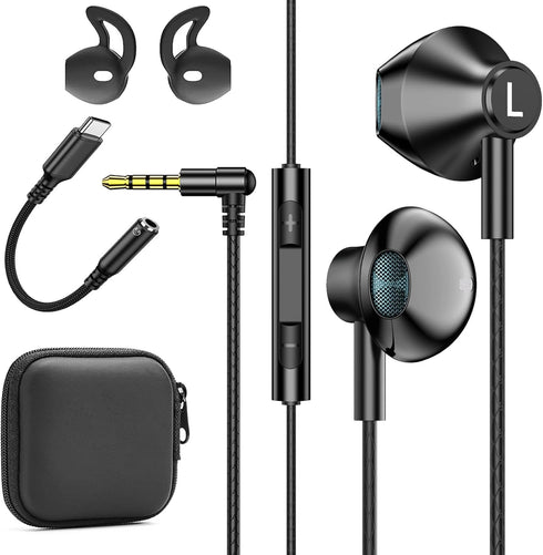 Black Wired Earbuds with Mic, in-Ear Earphones Build-in Microphone HiFi Stereo Headphones for iPhone iPad Android Mp3