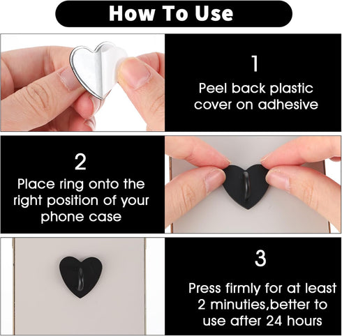 12PCS Heart Phone Ring Holder, Self-adhesive Cell Phone Hook for Tablet DIY Accessories, Black