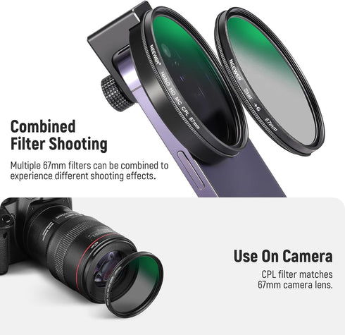 NEEWER 67mm CPL Filter for Phone, Camera Lens Polarizing Filter with Metal Cold Shoe Clip for iPhone and Samsung