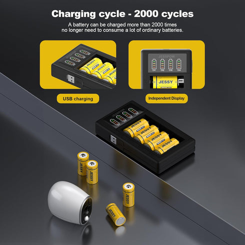 JESSY 4 Pack CR123A Rechargeable Batteries - 3.7V 123A Lithium Battery and Charger for Arlo Cameras, Flashlights,