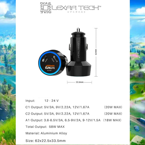 USB C Car Charger Fast Charging - LEXAA TECH 58W Dual Port PD&QC 3.0 Compatible with iPhone 15 14 13 12 Pro Max