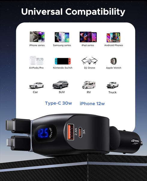 Retractable Car Charger, KOOPAO 69W 4 in 1 Fast Charging Adapter with Multi USB C Cables for iPhone 15/14/13/12/11