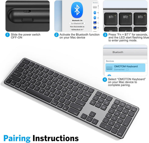 OMOTON Bluetooth Keyboard for Mac, Wireless with Numeric Keypad, Multi-Device, Rechargeable, Compatible with MacBook