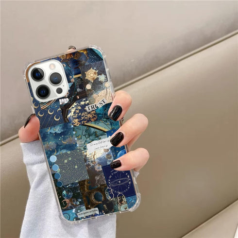 Aesthetic Celestial Sun and Moon Collage Case for iPhone 14 Pro Max, Cool Dark Blue Collage Case Compatible with iPhone 14 Pro Max for Girls Boys Women Men, Unique Trendy TPU Bumper Cover Case