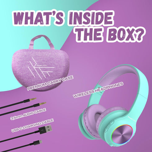 PowerLocus PLED Kids Bluetooth Headphones, Wireless with LED Lights, Safe Volume, Micro SD, AUX Cable, Hi-Fi Stereo