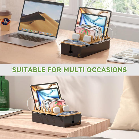 Pezin & Hulin 6 Cord Organizer Box, Surge Protector Organizer, Device Charger Station for Phones & Tablets, Wood