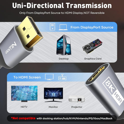 UANTIN 8K 1.4 2.1 4K 120Hz/ 8K 60Hz, PS5/Xbox, DisplayPort to HDMI Adapter with Unidirectional DP to HDMI Cable