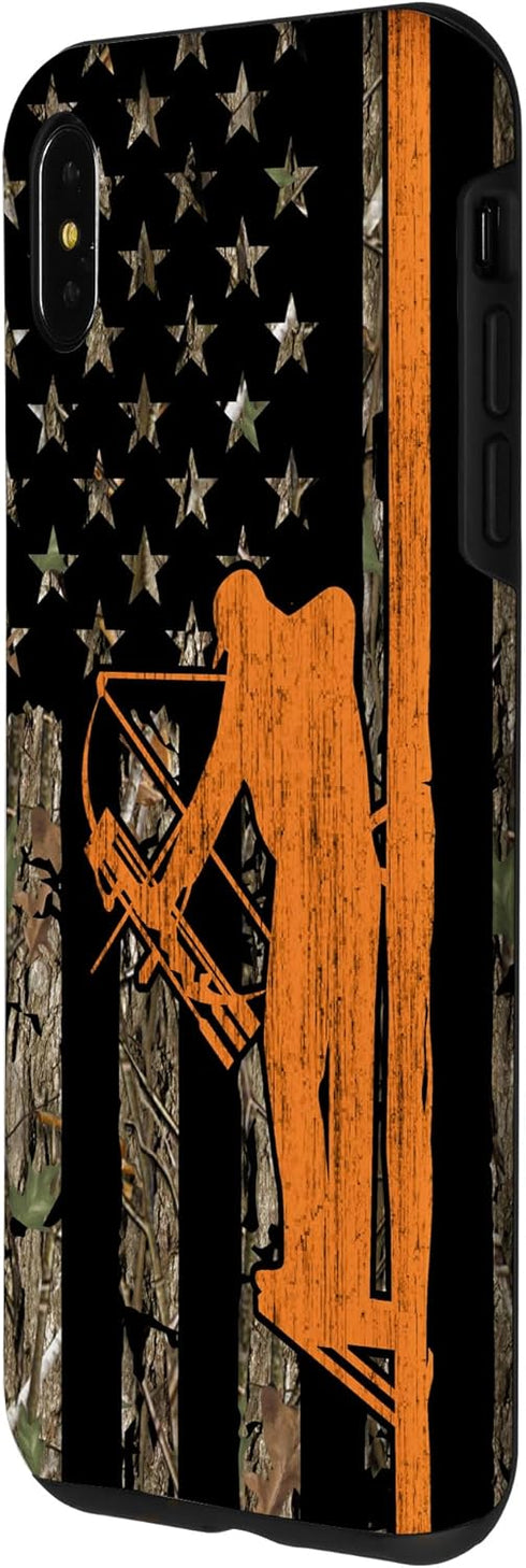 iPhone XS Max Camouflage Case, Bow Hunting Tree Stand Deer Hunter American Flag