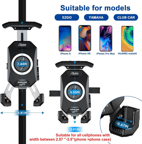 Roykaw Golf Cart Phone Mount Holder - Qi 15W Wireless & Type C 20W Fast Charging for iPhone/Galaxy/Google Pixel