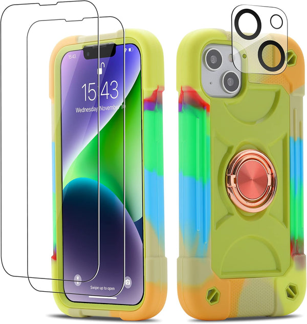 Heavy-Duty Shockproof Case for iPhone 14 Plus 6.7 Inch, with Ring Stand, 2 Pack Glass Screen Protector, Rainbow Green