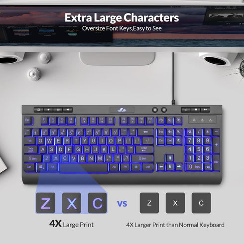 Rii RK900Pro Large Print Backlit Keyboard,Wired USB Full Size Computer Keyboard with Blue Backlight, Compatible