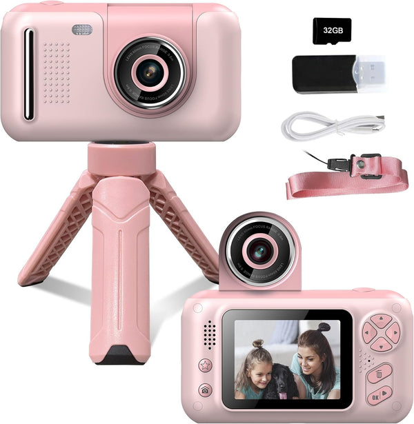 Kids Digital Camera for Girls, Kid Video Camera for Vlogging, Flip-up Lens for Toddler Camera Ages 3-8