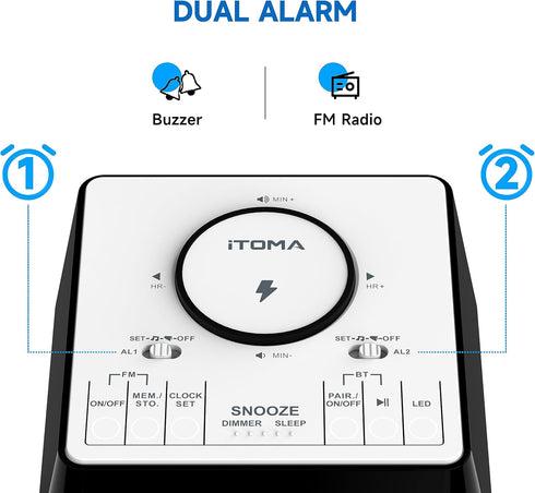 iTOMA Wireless Charging Alarm Clock Radio, Bluetooth Speaker, FM Radio, Dual Alarm, USB Charging, Night Light