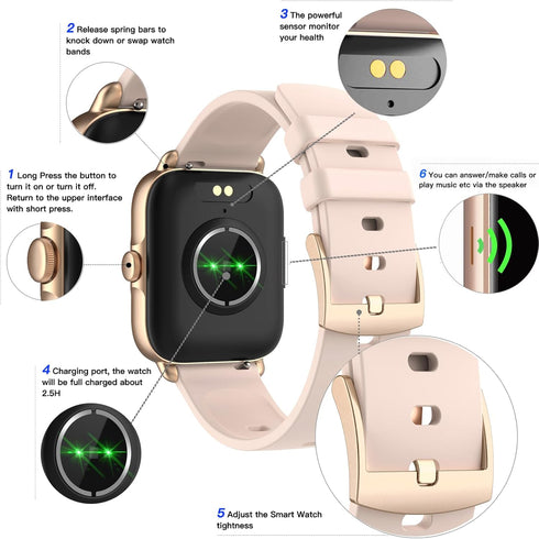 Wwzzey Smart Watch for Women with Answer/Dial Calls, 1.7" Waterproof Fitness Watch, Heart Rate Monitor
