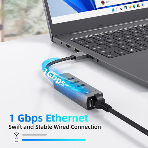 WALNEW USB 3.0 Ethernet Adapter, 4-in-1 USB Hub with 3 USB-A Data Ports and 1 Gigabit RJ45 Network for Laptop