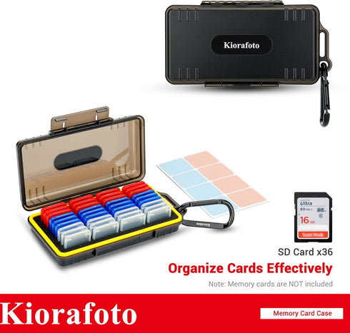 Kiorafoto SD Card Case with 36 Pack Clear Plastic Holders for SD SDXC SDHC Cards, Water-Resistant Organizer