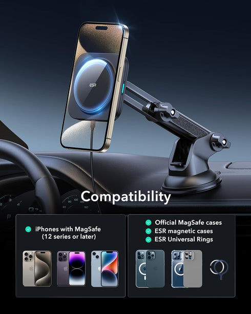 ESR Qi2 15W MagSafe Car Mount Charger, Dashboard/Windshield Magnetic Wireless Charger for iPhone 15/14/13/12
