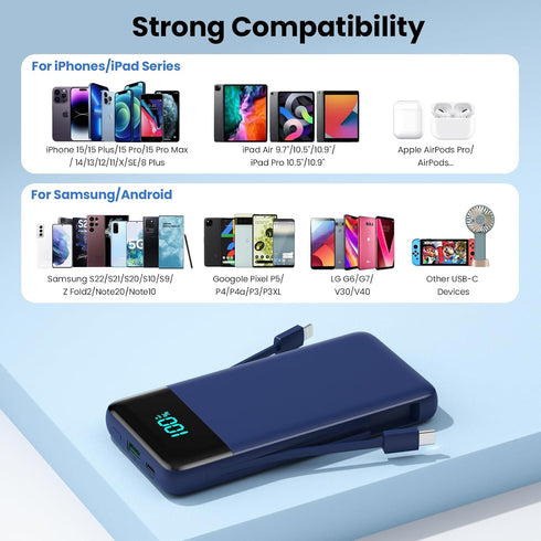 Portable Charger for iPhone, Built-in Cables and Wall Plug, 13800mAh Fast Charging USB C Power Bank, Blue