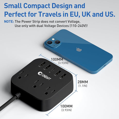 European Plug Adapter, Unidapt US to UK Power Strip with USB C and 4 USB Ports, 3 AC Outlets, 5ft Extension Cord