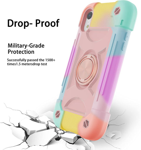 iPhone XR Case 6.1 Inch with Ring Stand, 2 Pack Glass Screen Protector, Heavy-Duty Shockproof Rugged Military Grade