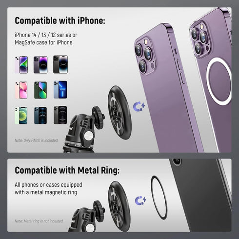 NEEWER Magnetic Phone Tripod Mount Adapter with 1/4" Holes, Compatible with iPhone MagSafe, Phone Holder for Video