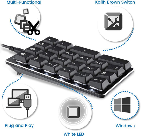 Perixx PERIPAD-303B, Backlit Mechanical Numeric Keypad, USB Office Shortcut Keys, Full Size 22 Keys