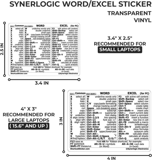 Synerlogic Word/Excel Windows Shortcut Sticker | Reference Guide Keyboard Shortcuts | Work from Home Essentials | Excel
