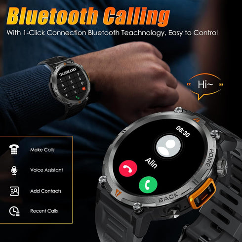 EIGIIS Military Smart Watch for Men, Tactical Rugged with Bluetooth Call, 1.45'' Big Screen Fitness Tracker,