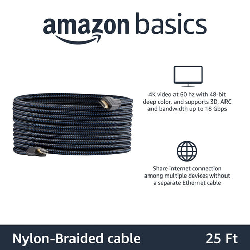 2.0 25ft, 4K@60Hz, 18Gbps, 2160p, 48 TV/PS5/Xbox/Roku/Blu-ray, Amazon Basics Nylon-Braided HDMI Cable, bit, Compatible