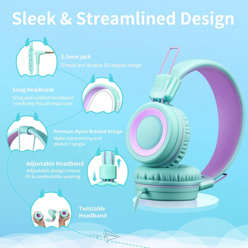 POWMEE P10 Kids Headphones with Microphone - Adjustable Volume Control Foldable On-Ear Headphones, Green.