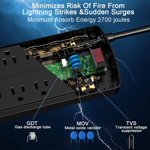 Nuetsa Surge Protector Power Strip with 8 Outlets, 4 USB Ports, 6 Feet Power Cord, 2700 Joules, Black