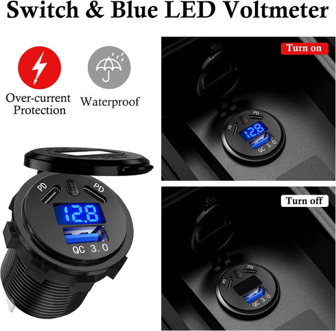 BATIGE 3 Ports Car Charger Socket, Dual 45W PD Type C & 18W QC 3.0 with Voltmeter for 12V/24V Car Boat Marine
