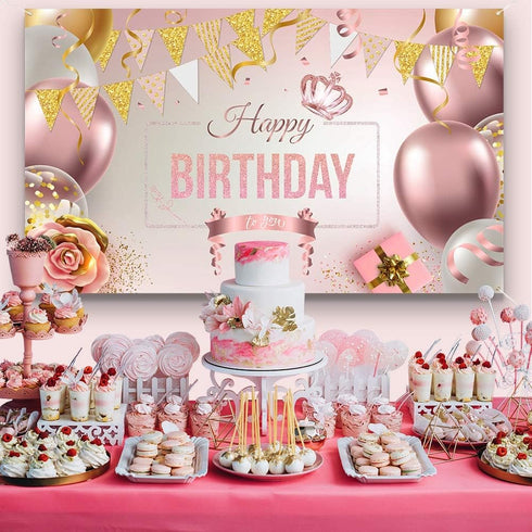 Large Rose Gold Balloons Birthday Decorations Banner Backdrop Theme Poster for Women Girls Party Supplies Decor