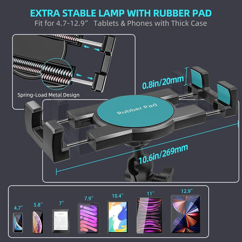 Aluminum Heavy Duty Drill Base Tablet Holder Car Mount, 14.2 Long 360 3-Stage Metal Stand for 4.7-12.9" iPad