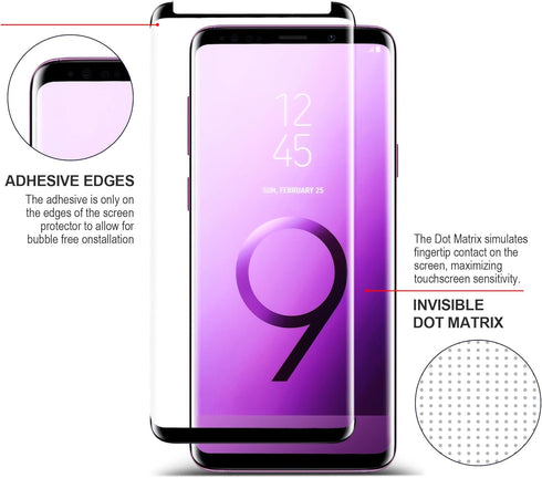 3D Curved Tempered Glass Screen Protector for Galaxy S9 Plus - 3 Pack with Easy Installation Tray, Case Friendly.