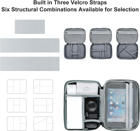 Large Capacity Electronics Accessories Organizer Travel Case with Adjustable Divider Waterproof Leather Cord Organizer Case Shockproof Tech Organizer Case (Gray&Blue, Double Layer-Small)