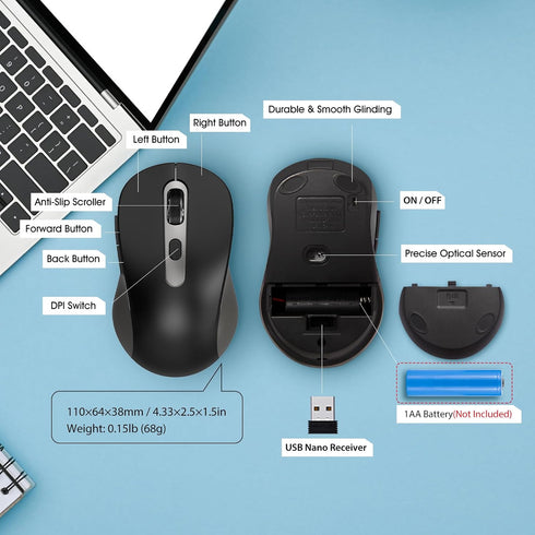 Wireless Mouse for Laptop, PC, Chromebook, Mac, Silent Wireless Mouse with USB Nano Receiver, Side Button, 2400 DPI,