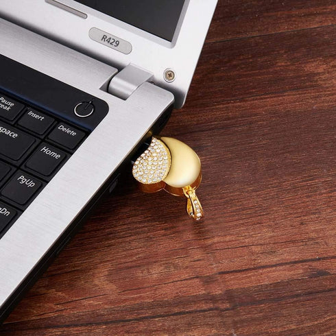 USB Flash Drive, Diamond Heart 32GB USB2.0 Waterproof Memory Stick, Date Storage Pendrive Thumb Drive (Gold Heart)