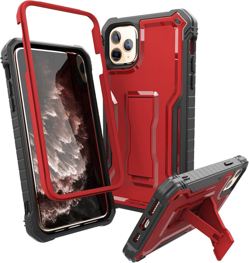 ExoGuard Rubber Shockproof Case for iPhone 11 Pro Max, Full-Body Cover with Built-in Screen Protector and Kickstand