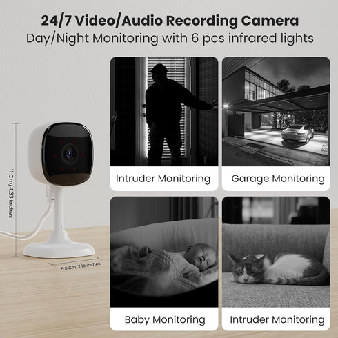 WiFi Indoor Camera for Home Security, 24/7 Recording, SD Card/Cloud Storage, Night Vision, AI Detection